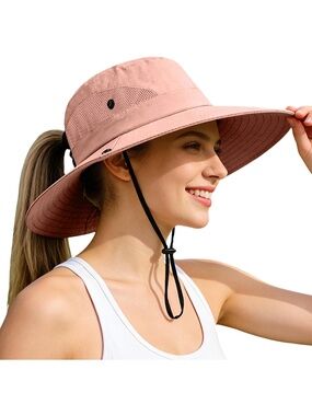 Women's Peach Wide Brim Foldable Ponytail Mesh Safari Chin Fishing Strap Hat